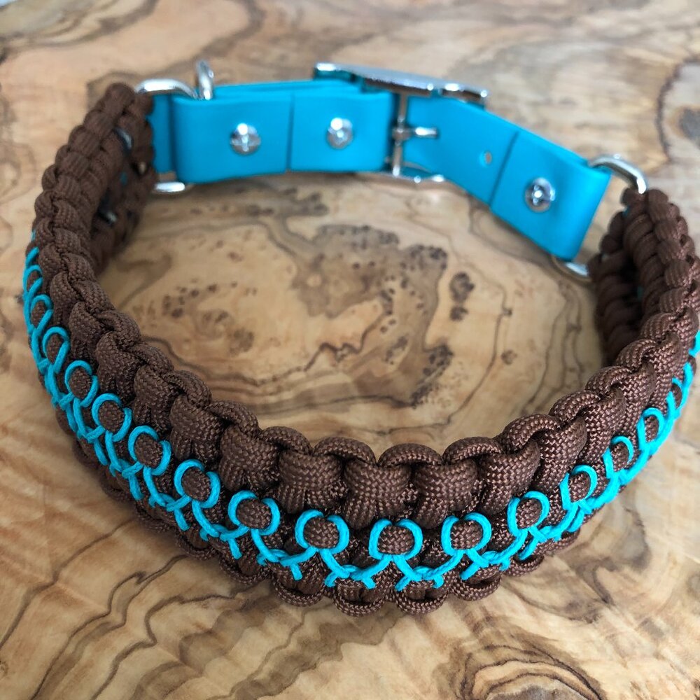 Dog Collar ~ Adjustable 17" to 20" Brown & Turquoise Paracord Wide New Handmade